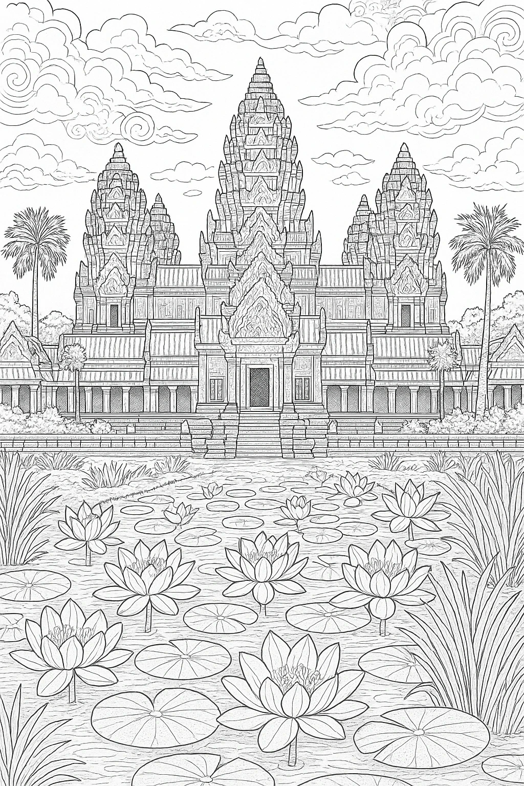 Black-and-white line art of a grand temple behind a lotus pond with lily pads and flowers; ideal as detailed coloring page, kids' coloring page, printable coloring page and coloring sheets with