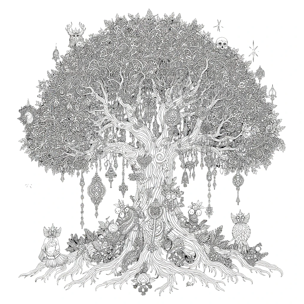 Intricate black-and-white Tree of Life illustration with ornate mandala patterns, hanging ornaments, owls and tiny animals detailed coloring page and kids' coloring page printable coloring page