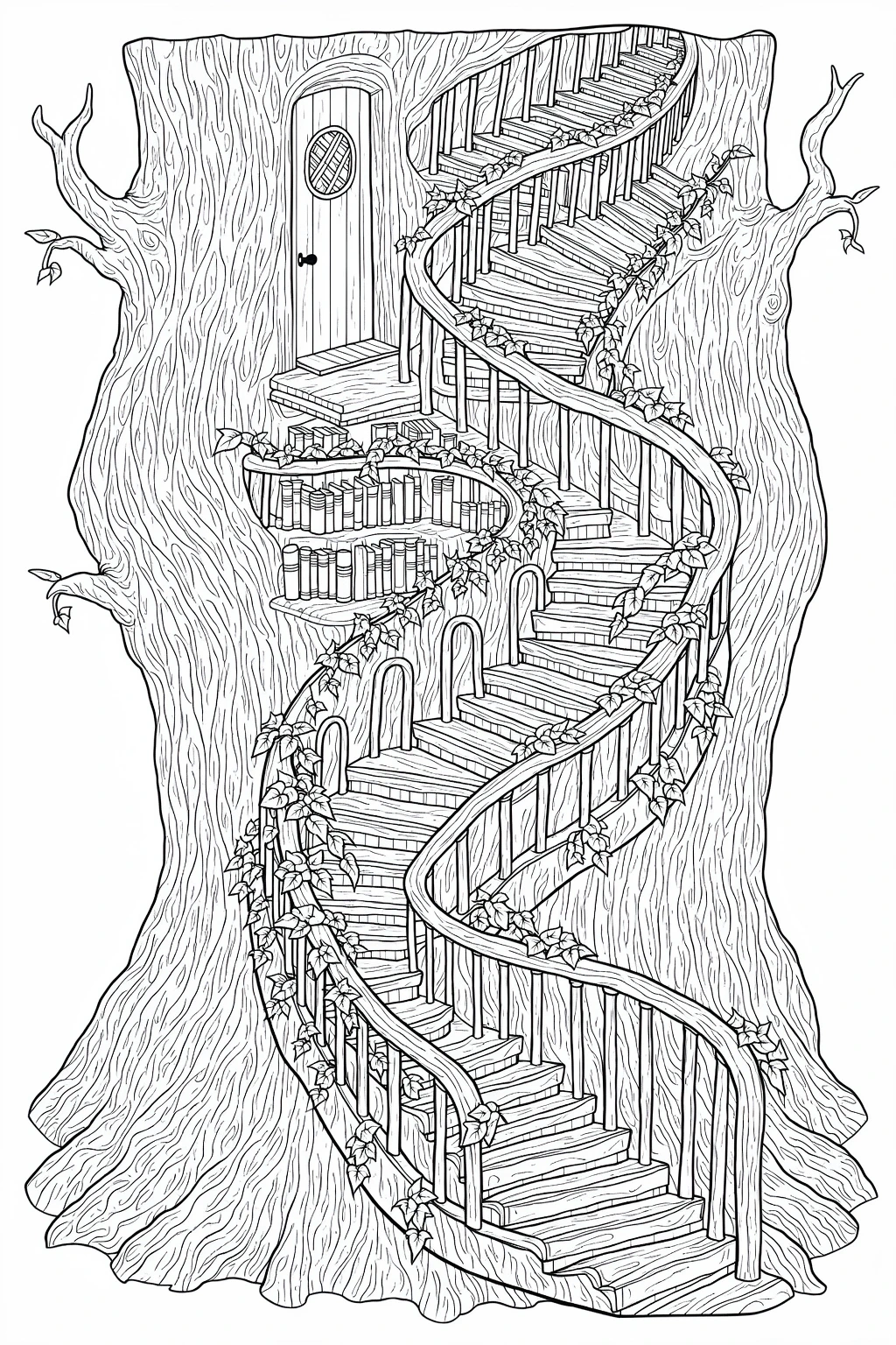 Black-and-white detailed treehouse staircase coloring page with winding wooden stairs, railing wrapped in ivy, a small round-doored room and shelves of books a printable coloring page style image for