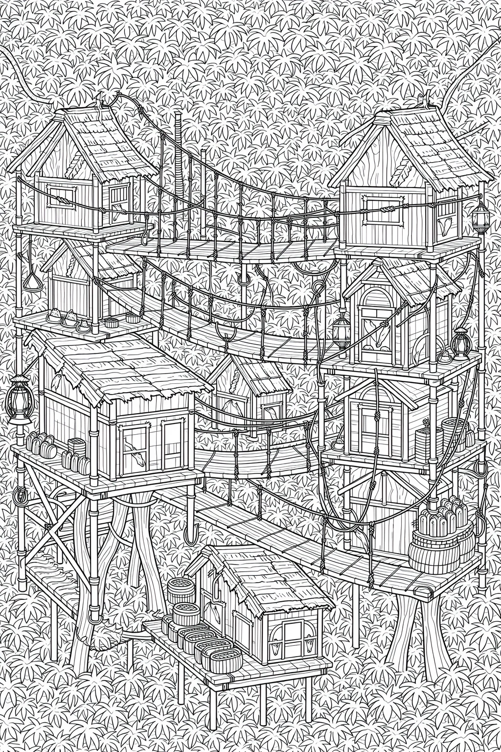 Black-and-white tropical treehouse village line art detailed coloring page with bridges and huts, perfect kids' coloring page, printable coloring page and coloring sheets for summer fun.