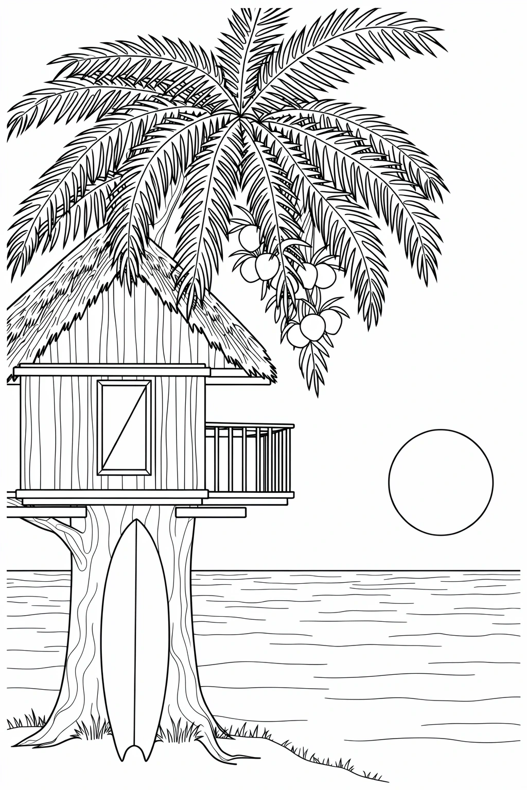 Black and white tropical beach coloring page showing a palm tree with a treehouse, a surfboard at the base, the ocean in the background, and a sun in the sky.