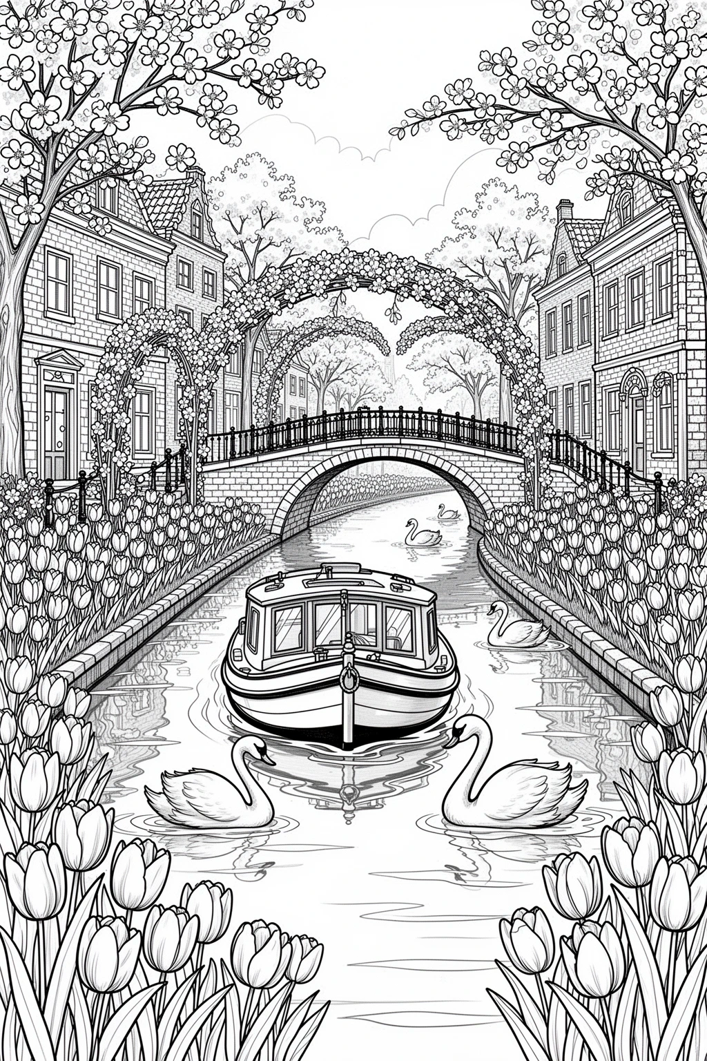 Detailed coloring page of a canal boat drifting through tulips with swans, flower arches, and cobblestone houses.