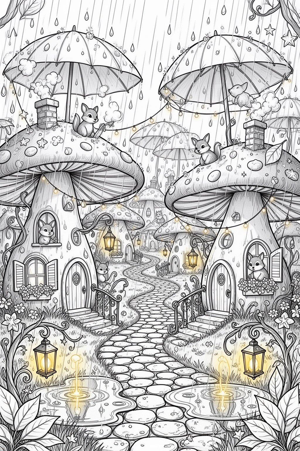 Can You Color This Umbrella Mushroom Village? coloring page.