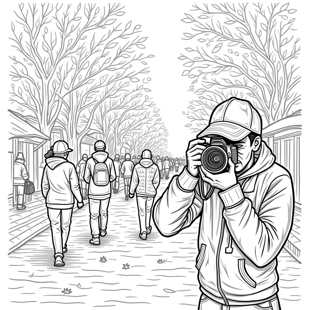 Black-and-white line art of a street photographer photographing pedestrians on a tree-lined path in fall. Detailed coloring page ideal for kids' coloring page and an adult printable coloring page; use