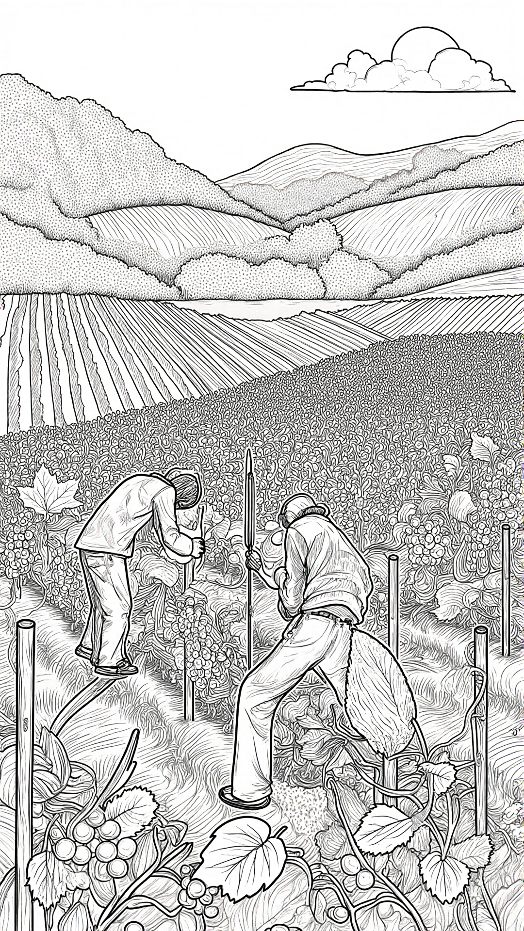 Black-and-white vineyard harvest scene with two people picking grapes among detailed rows and rolling hills; detailed coloring page, kids' coloring page, printable coloring page, and coloring sheets
