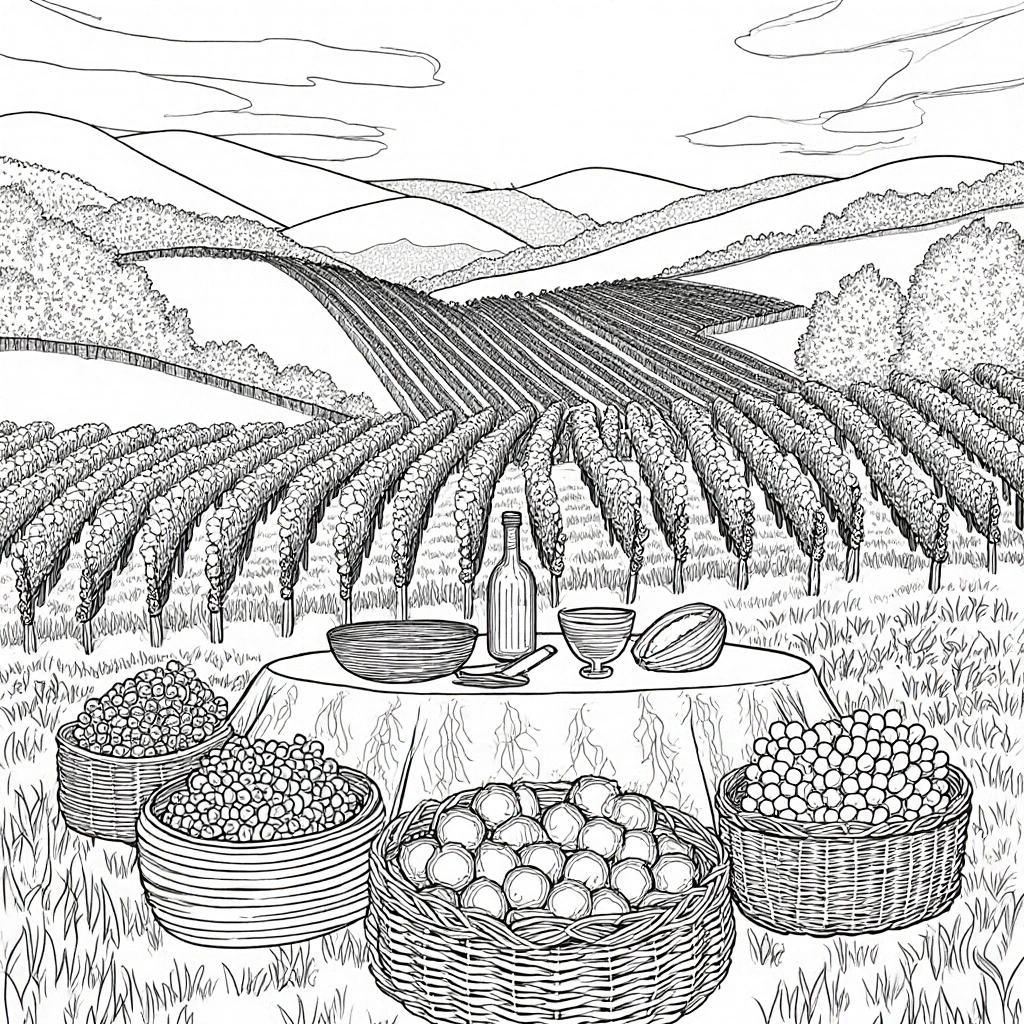 Black-and-white vineyard harvest scene coloring page with baskets of fruit, table with bowl and bottle, rows of grapevines and rolling hills printable coloring page, kids' coloring page, detailed