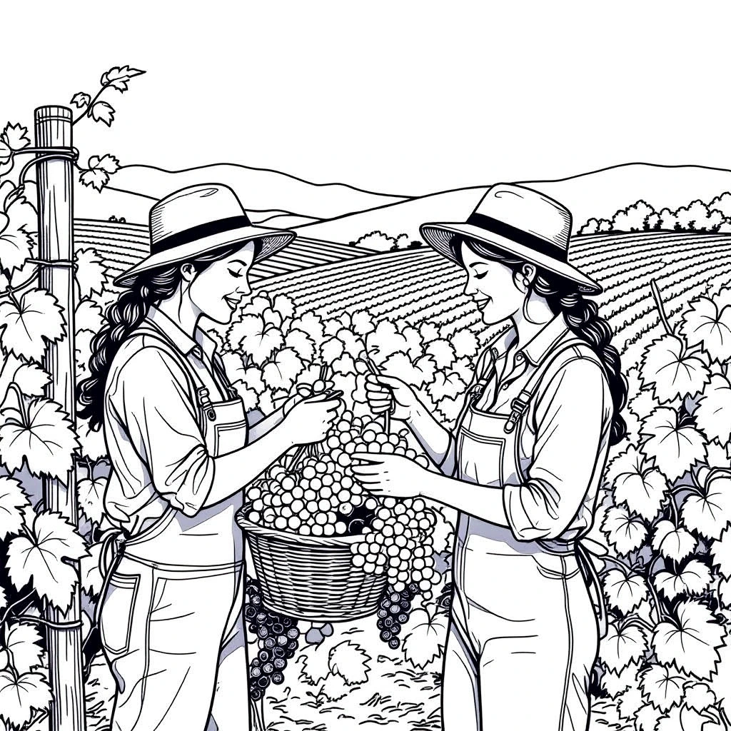 Black-and-white vineyard coloring page showing two women people harvesting grapes in a field. Detailed coloring page for a printable coloring page, kids' coloring page and coloring sheets for fall and