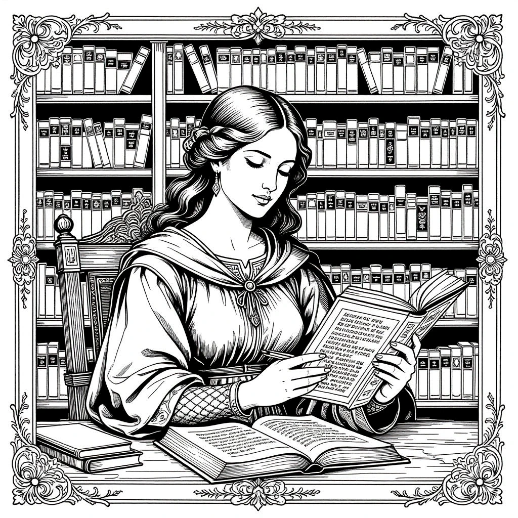 Black-and-white detailed coloring page of a woman reading at a library table surrounded by bookshelves great detailed coloring page, kids' coloring page, printable coloring page and coloring sheets.