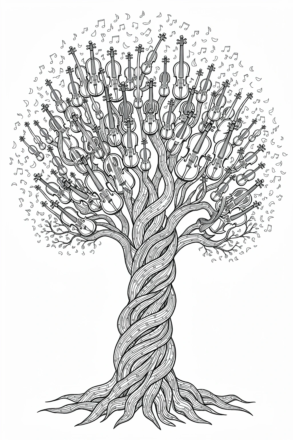 Black-and-white violin tree coloring page intricate, detailed coloring page design featuring dozens of violins forming branches and roots. Perfect kids' coloring page, printable coloring page entry.