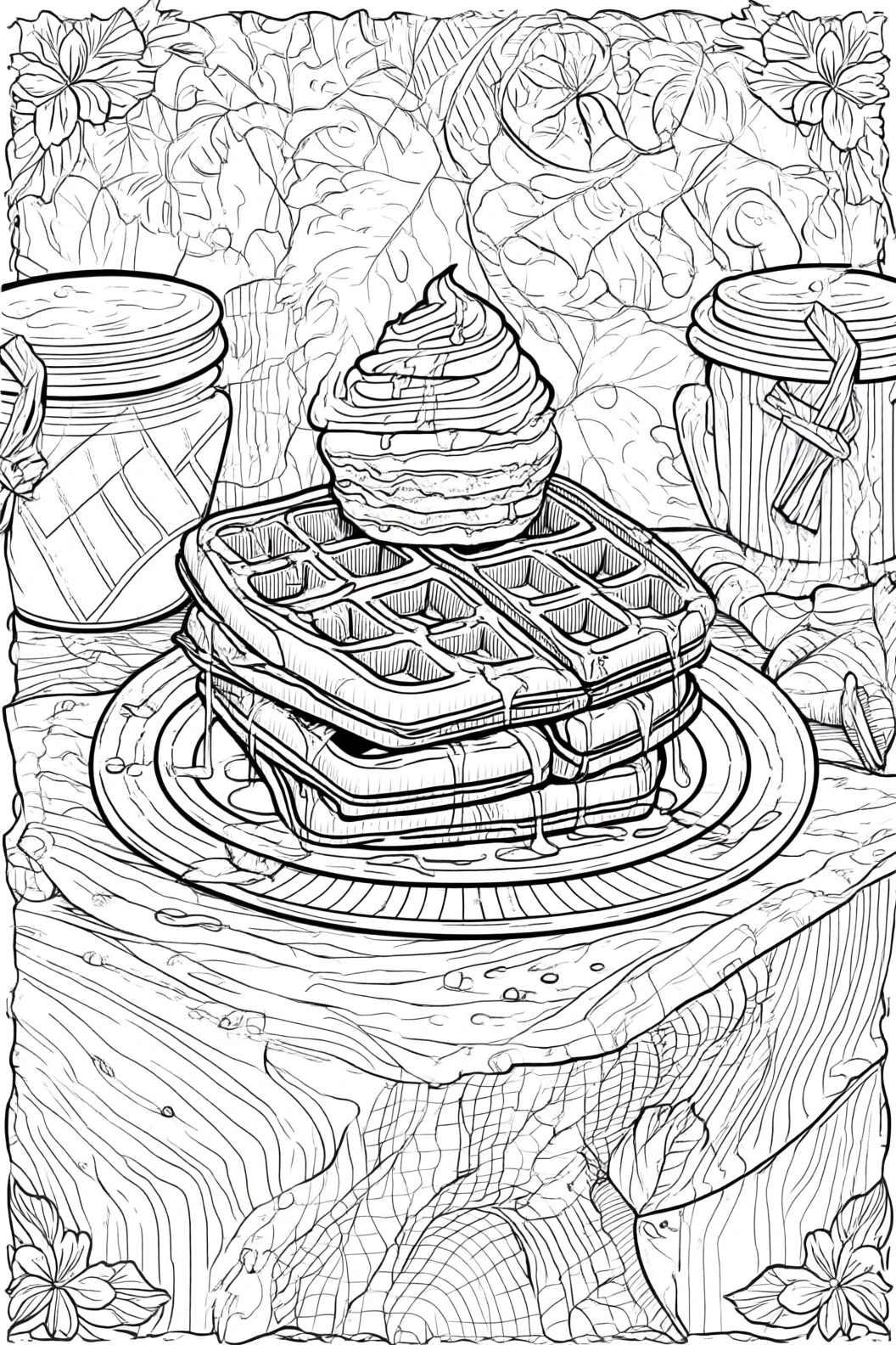 Black-and-white detailed coloring page of stacked waffles with whipped cream on a plate, syrup drips, jars and floral background printable coloring sheet ideal for kids' coloring page, detailed
