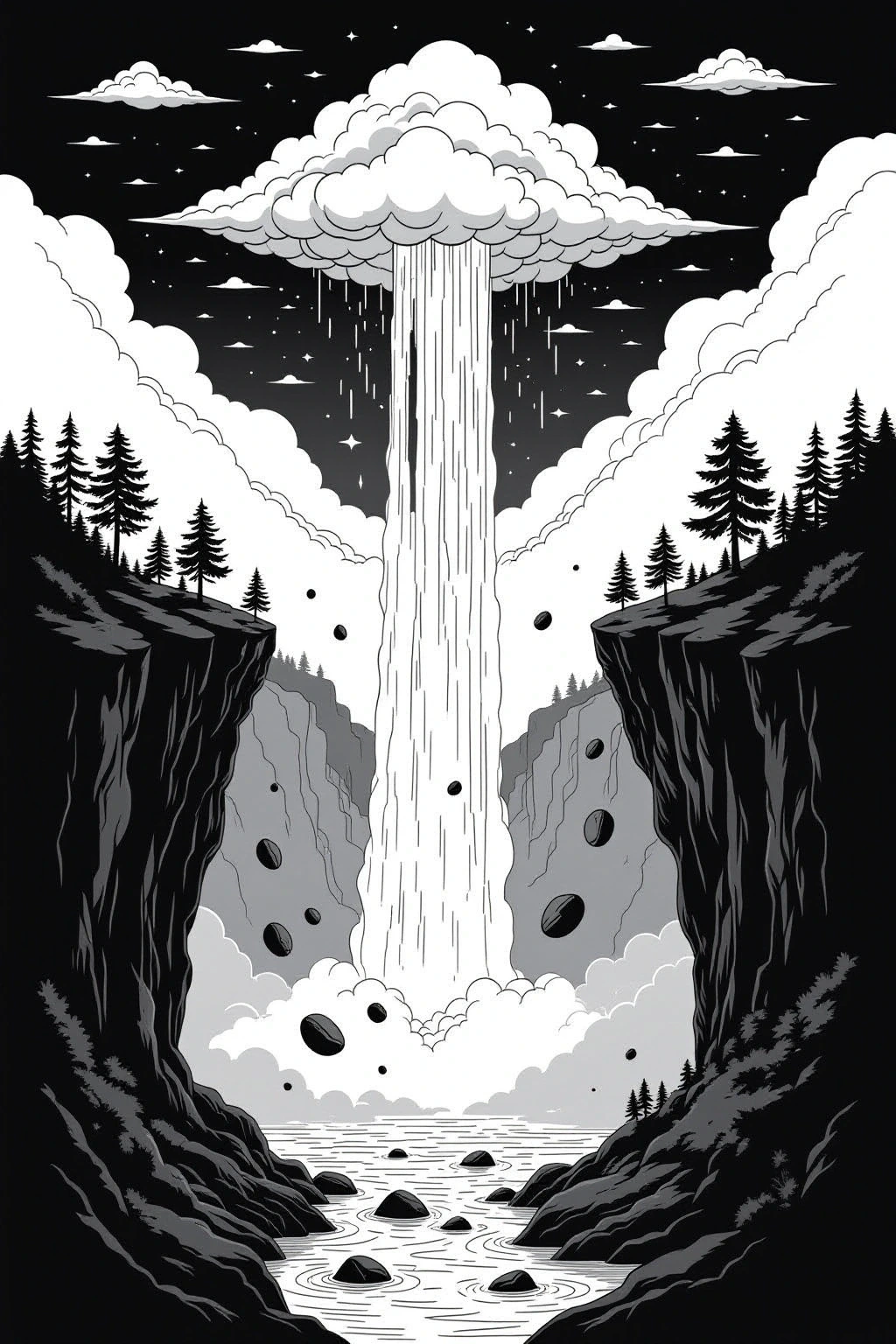 Monochrome printable coloring page of a mystical waterfall between cliffs with pine trees, clouds and falling rocks detailed coloring page, kids' coloring page, printable coloring page and coloring