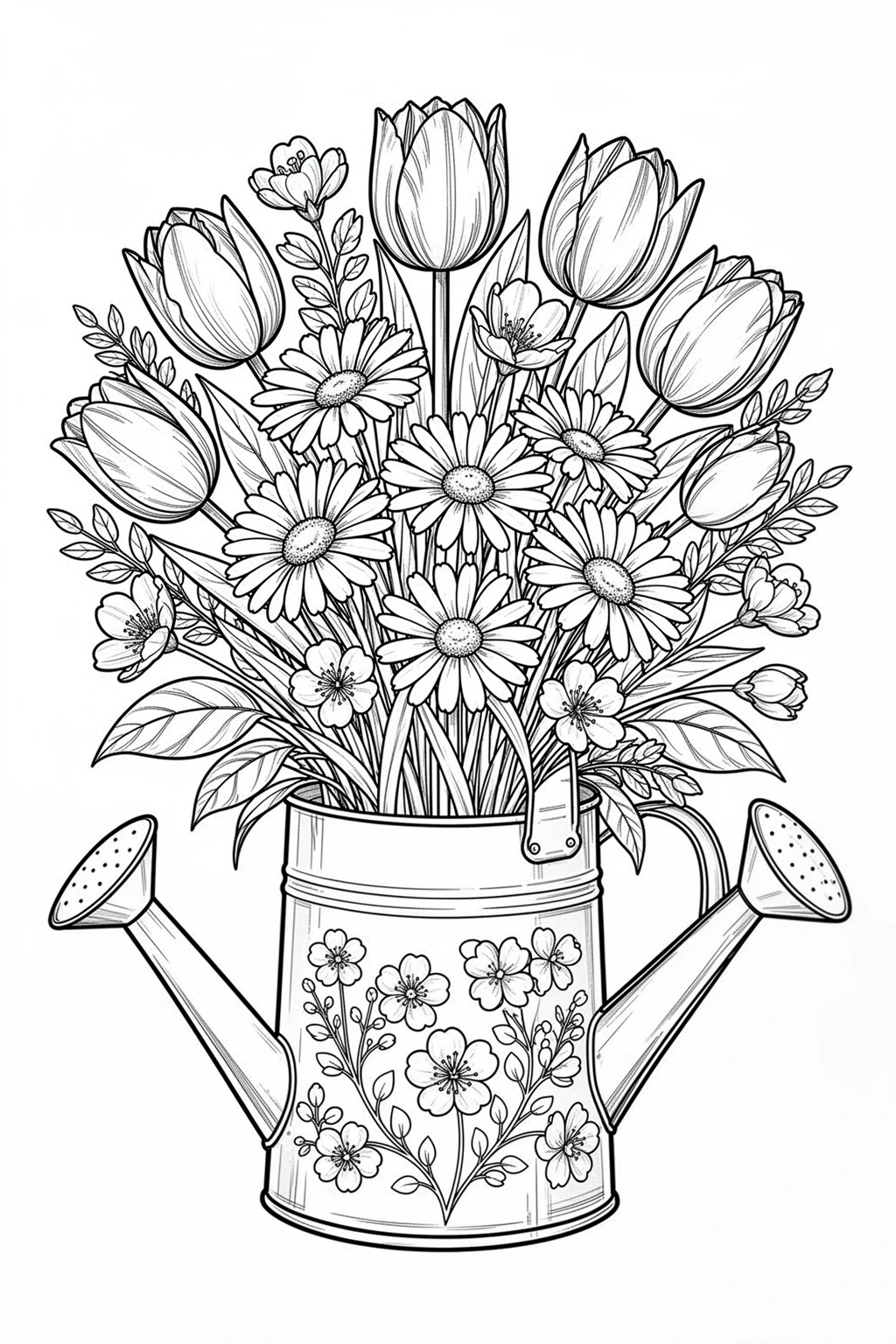 Black-and-white coloring page of watering can flower coloring page.