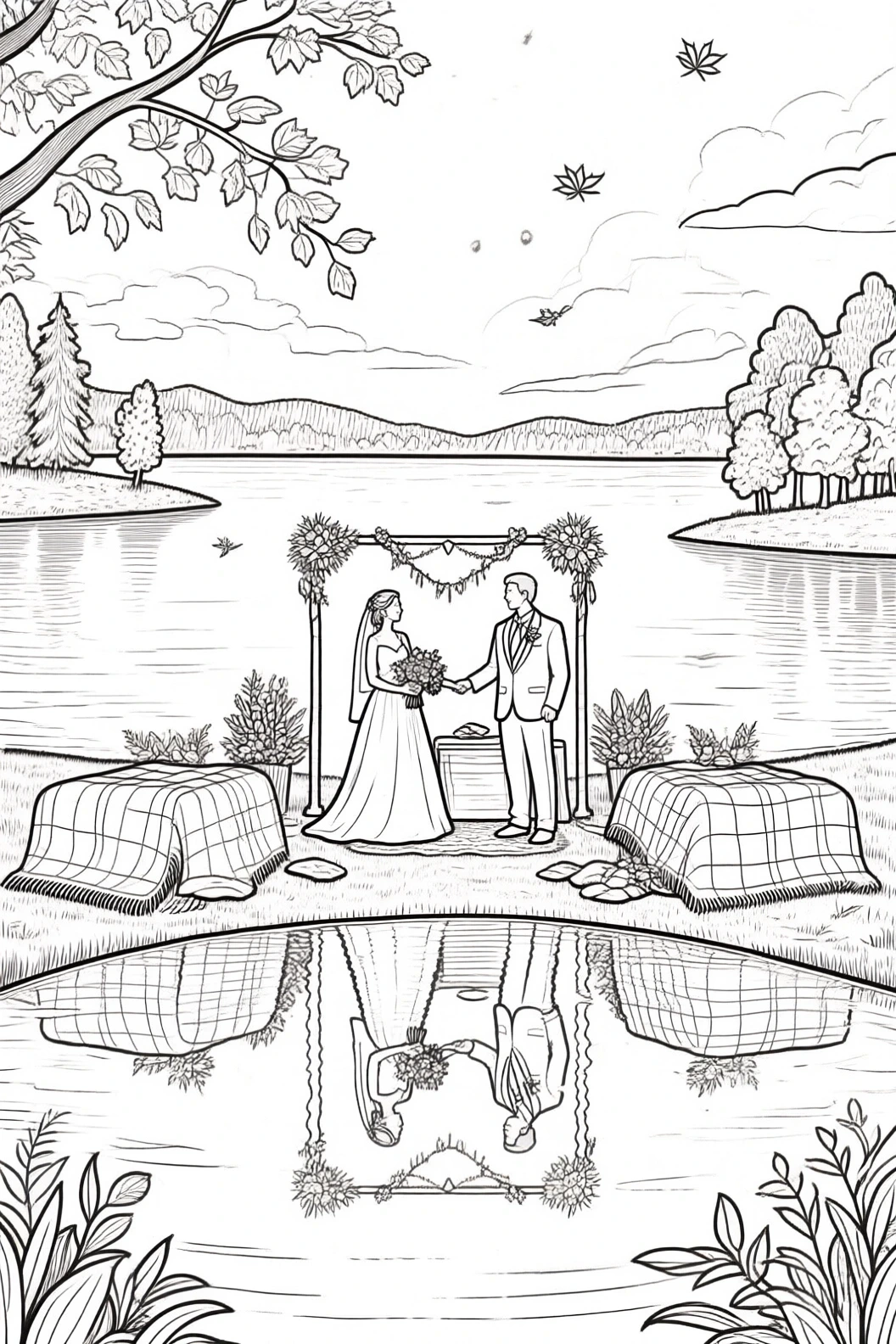 Lakeside wedding coloring page showing bride and groom under a floral arch with blankets and trees by the water; detailed coloring page, kids' coloring page, printable coloring page, coloring sheets
