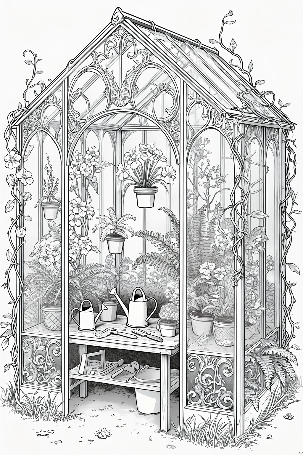 Intricate greenhouse garden scene with potted flowers, leafy vines, watering cans, and detailed glass panels for detailed coloring page, kids' coloring page, printable coloring page, and coloring