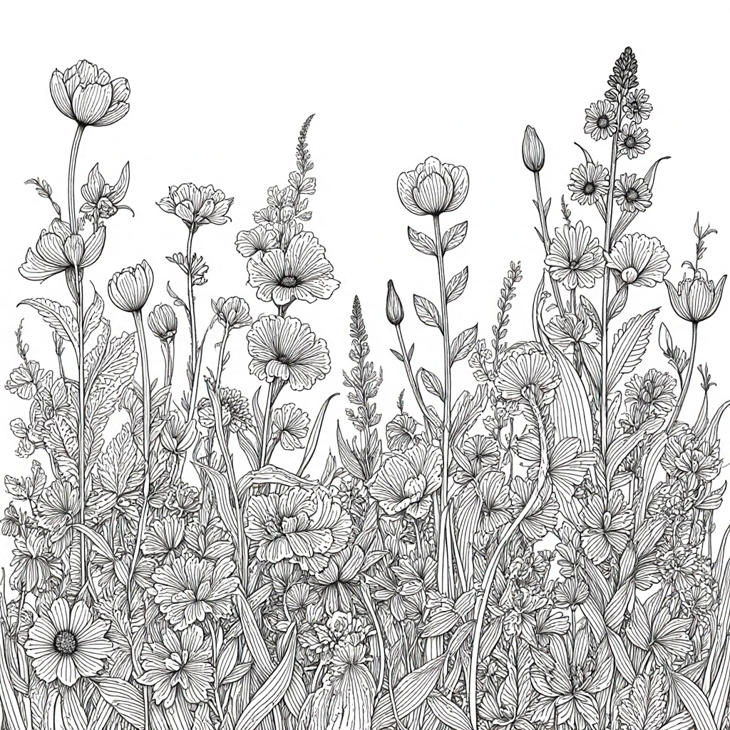 Black-and-white line art of a dense wildflower garden with blossoms, stems, and leaves perfect as a printable coloring page. Suits adults who enjoy detailed coloring page and kids' coloring page