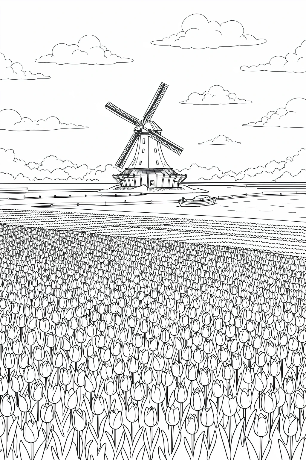 Black-and-white spring landscape line art of a windmill by water with a vast tulip field in front detailed coloring page, kids' coloring page, printable coloring page and coloring sheets for spring