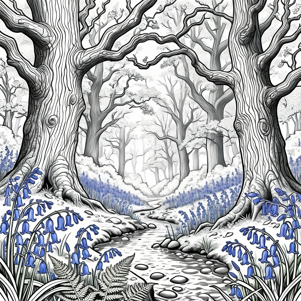 Black and white detailed coloring page of a magical winter forest with tall twisted trees, a winding path, and bluebells in the foreground, ideal for kids' coloring page, printable coloring page, and
