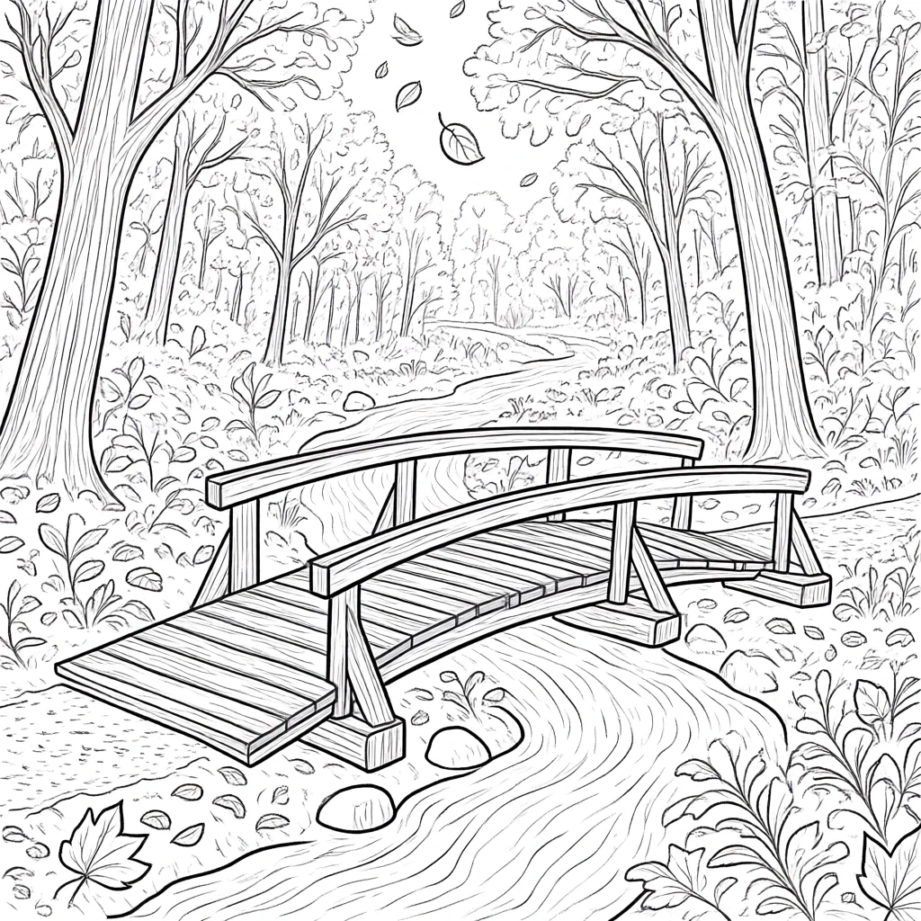 Black-and-white line art of a wooden bridge over a stream in a forest; detailed coloring page and kids' coloring page style for a printable coloring page and coloring sheets, fall/spring nature scene.