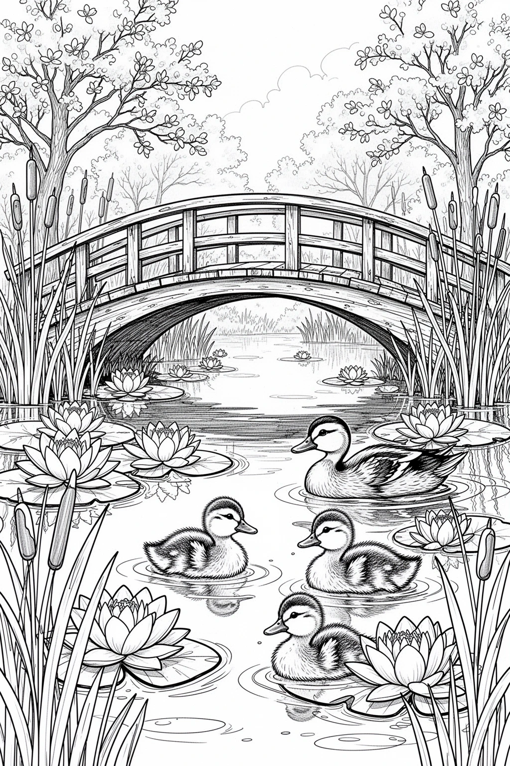 Spring duck pond bridge coloring page with calm water, blooming flowers, and a curved bridge.