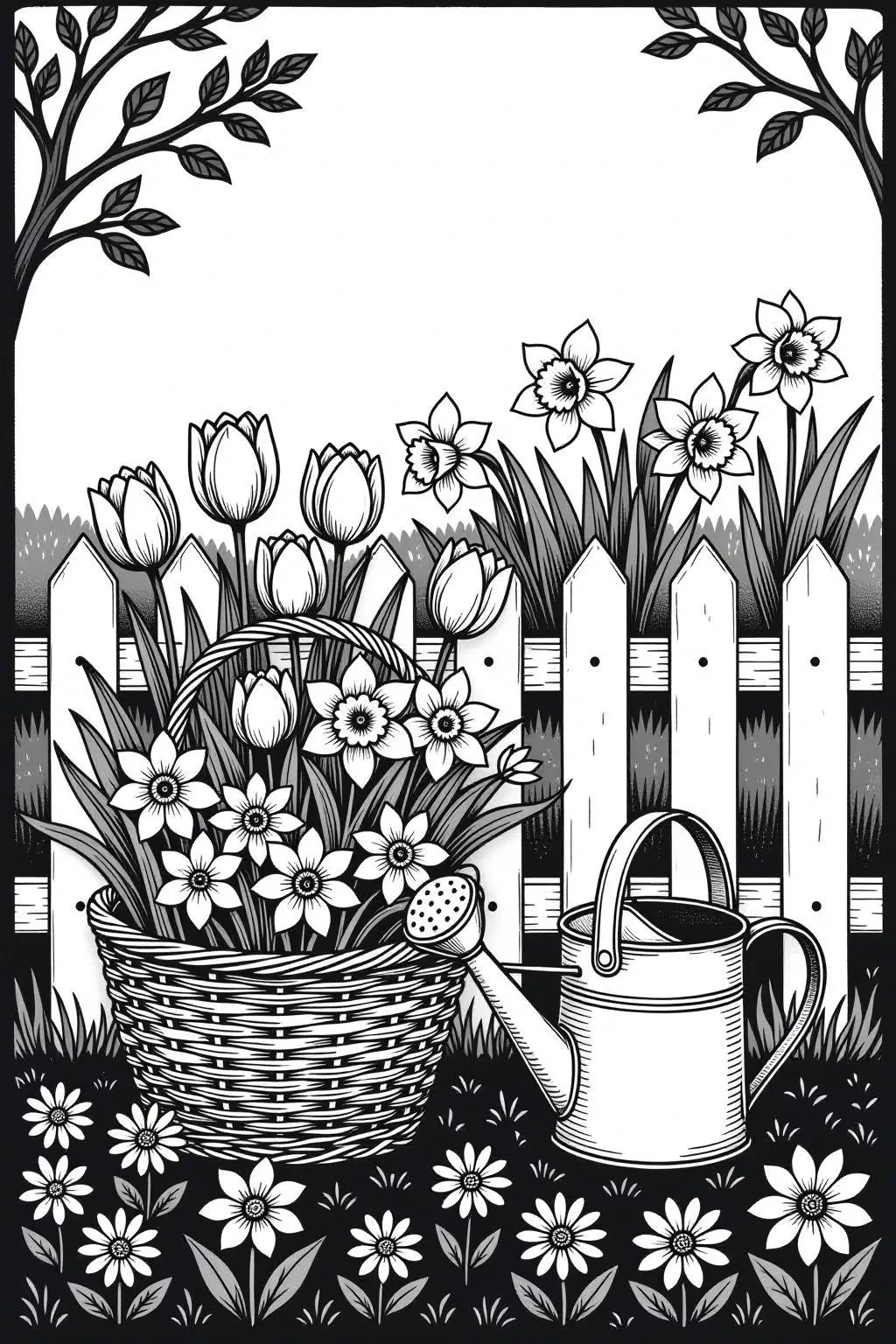 Free Spring Flower Basket Coloring Page printable black and white coloring sheet.