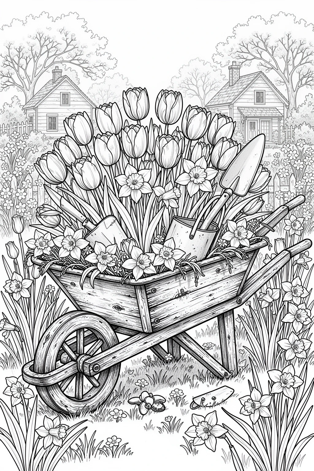 Free Spring Flower Wheelbarrow coloring page.