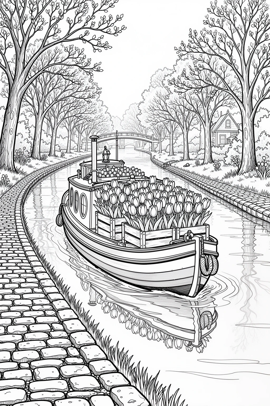 Free Spring Tulip Canal Boat coloring page.