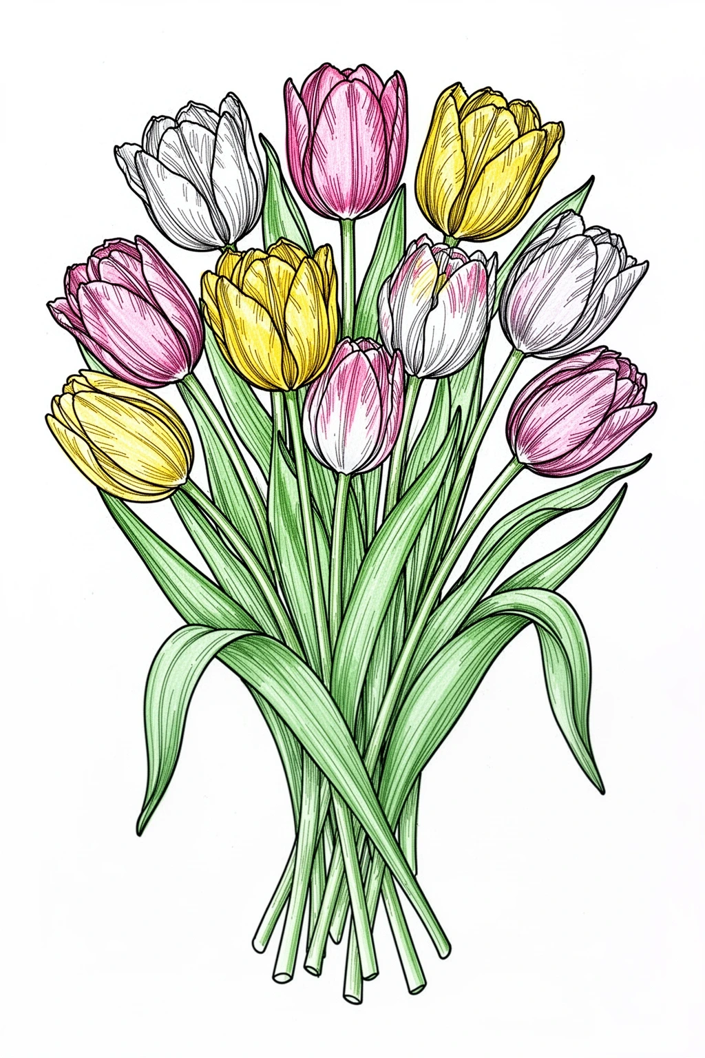 Tulip drawing tutorial coloring page.