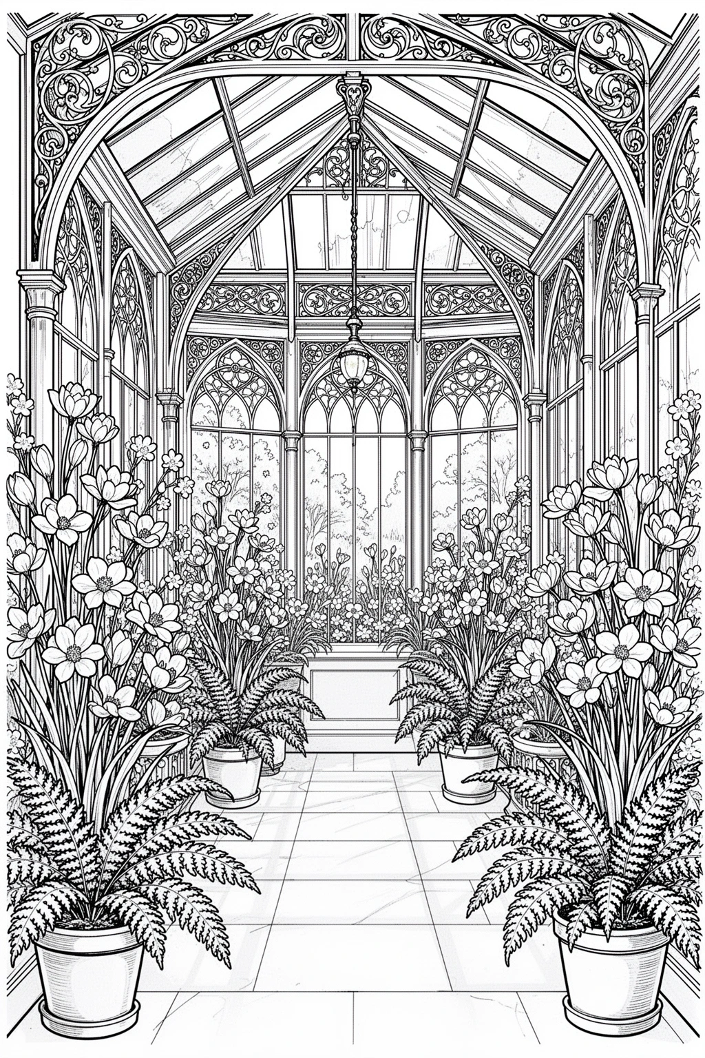 Victorian spring conservatory coloring page with spring blooms and detailed architecture.
