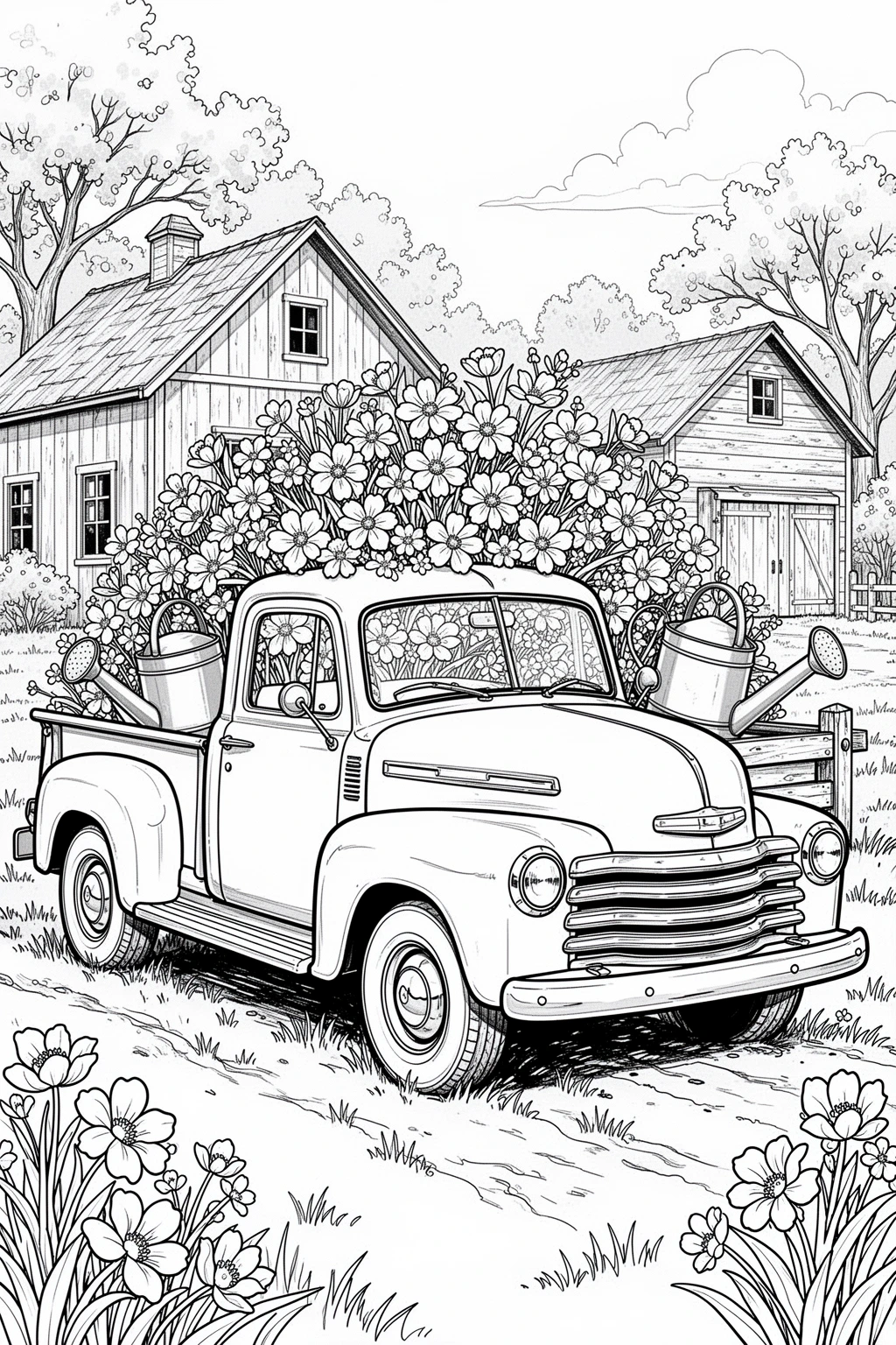 Vintage pickup truck with spring flowers coloring page.