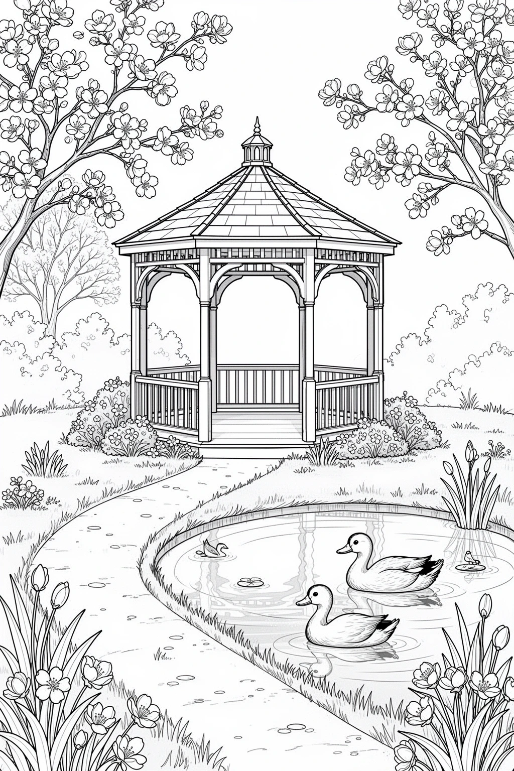 Gazebo duck pond with spring blossoms and a peaceful garden path coloring page.