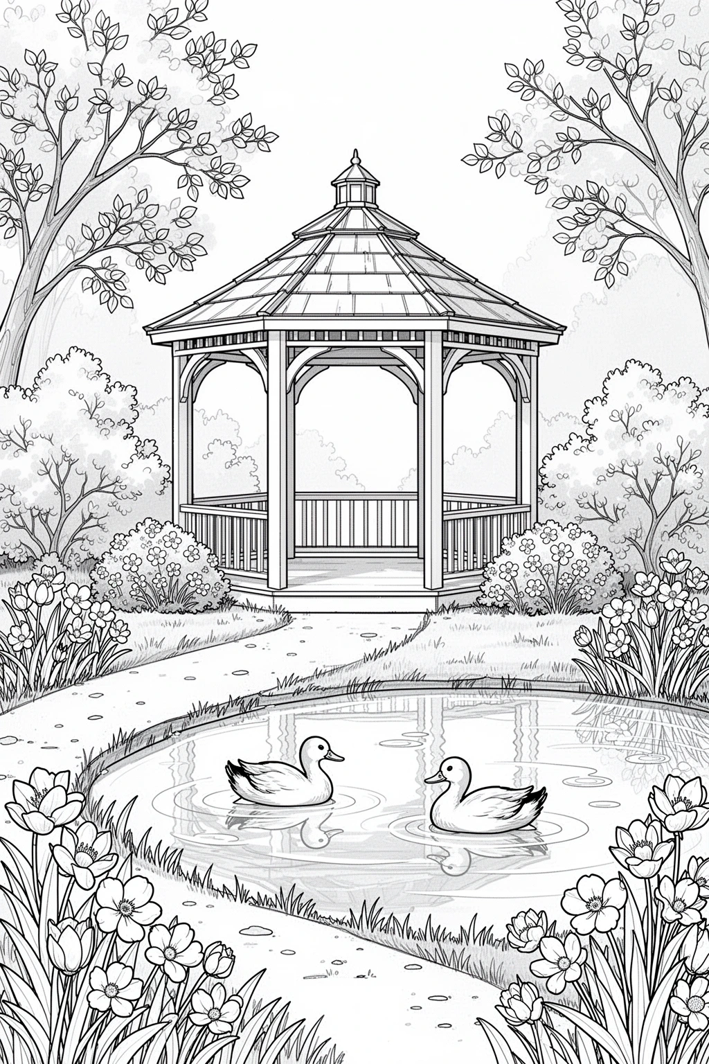 Gazebo duck pond coloring page with spring flowers and calm water in a peaceful garden scene.