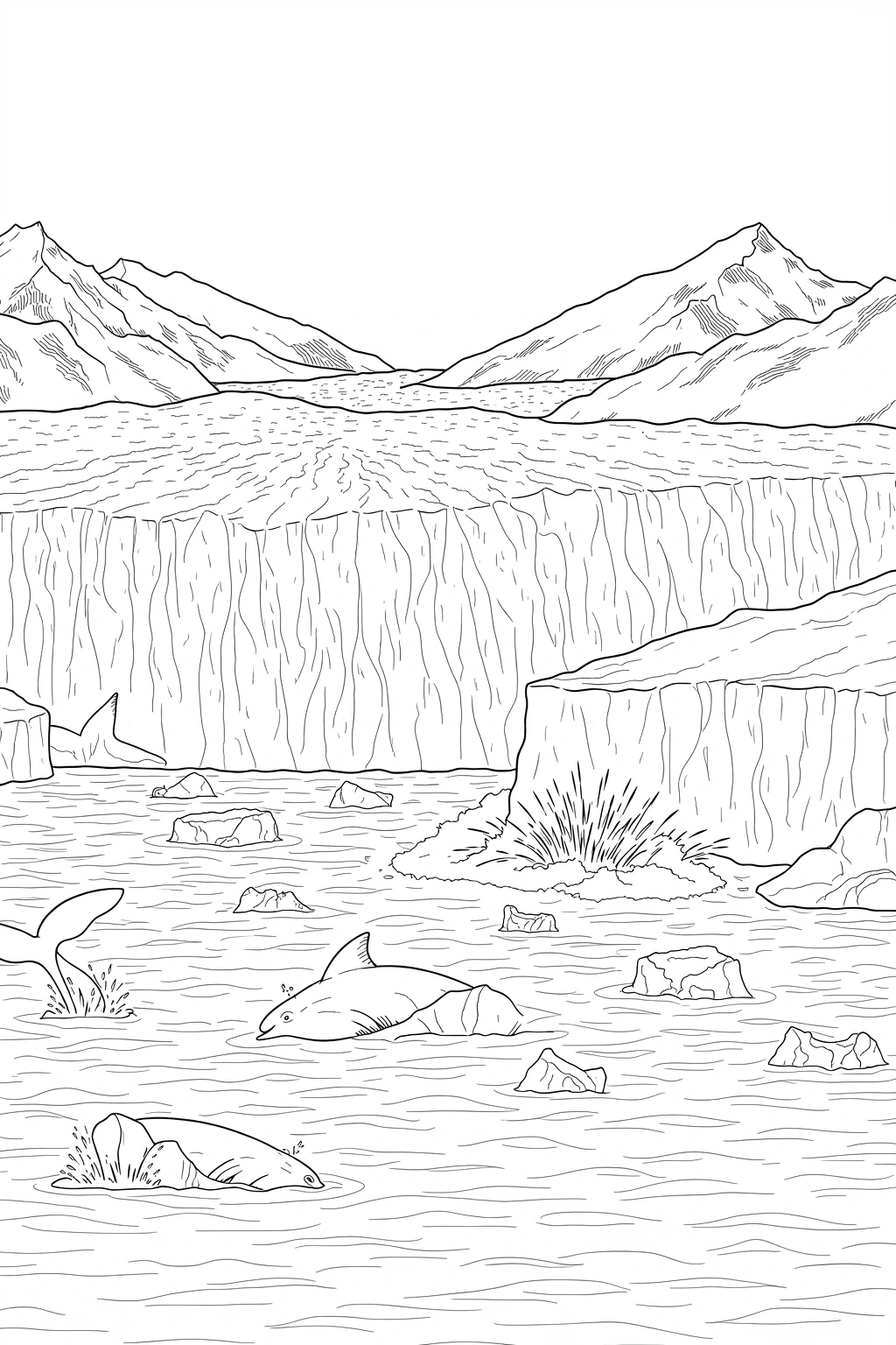 Black and white coloring page of a glacier landscape with mountains and dolphins in the water.