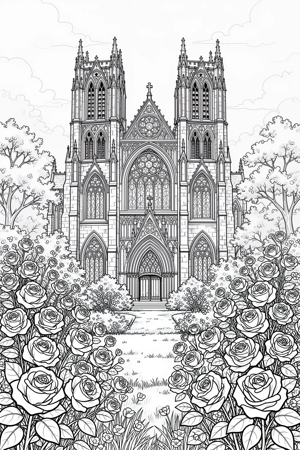 Free Gothic Cathedral Spring Garden coloring page.