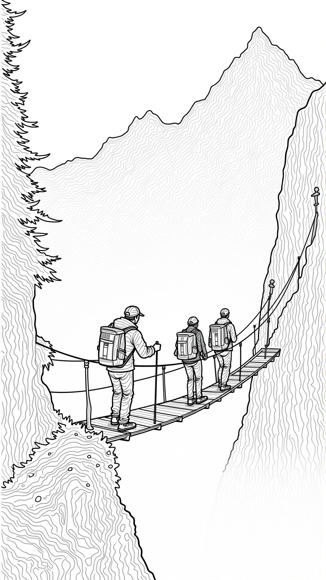 Black and white coloring page of three hikers with backpacks walking across a suspension bridge in a mountain canyon