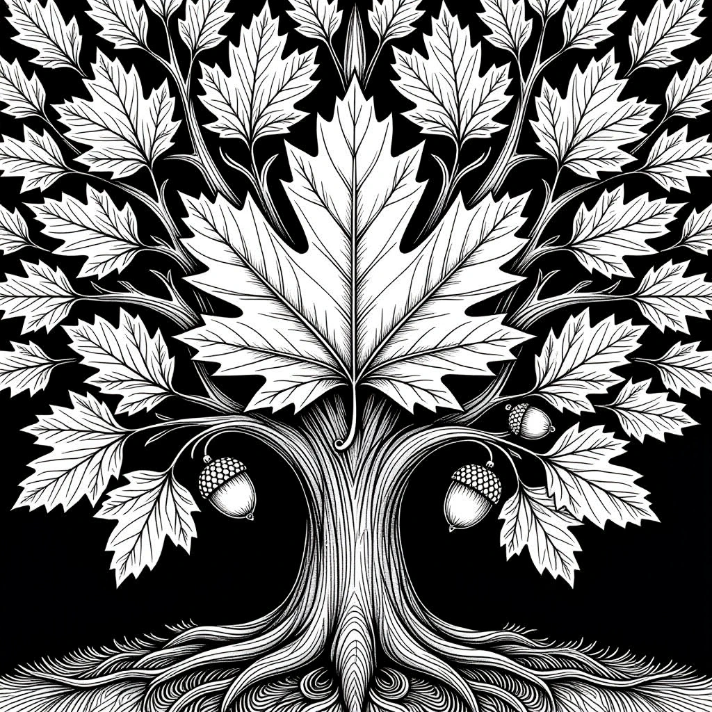 Black-and-white intricate fall tree with leaves and acorns coloring page; high-contrast line art ideal for detailed coloring page, kids' coloring page, printable coloring page projects, and coloring