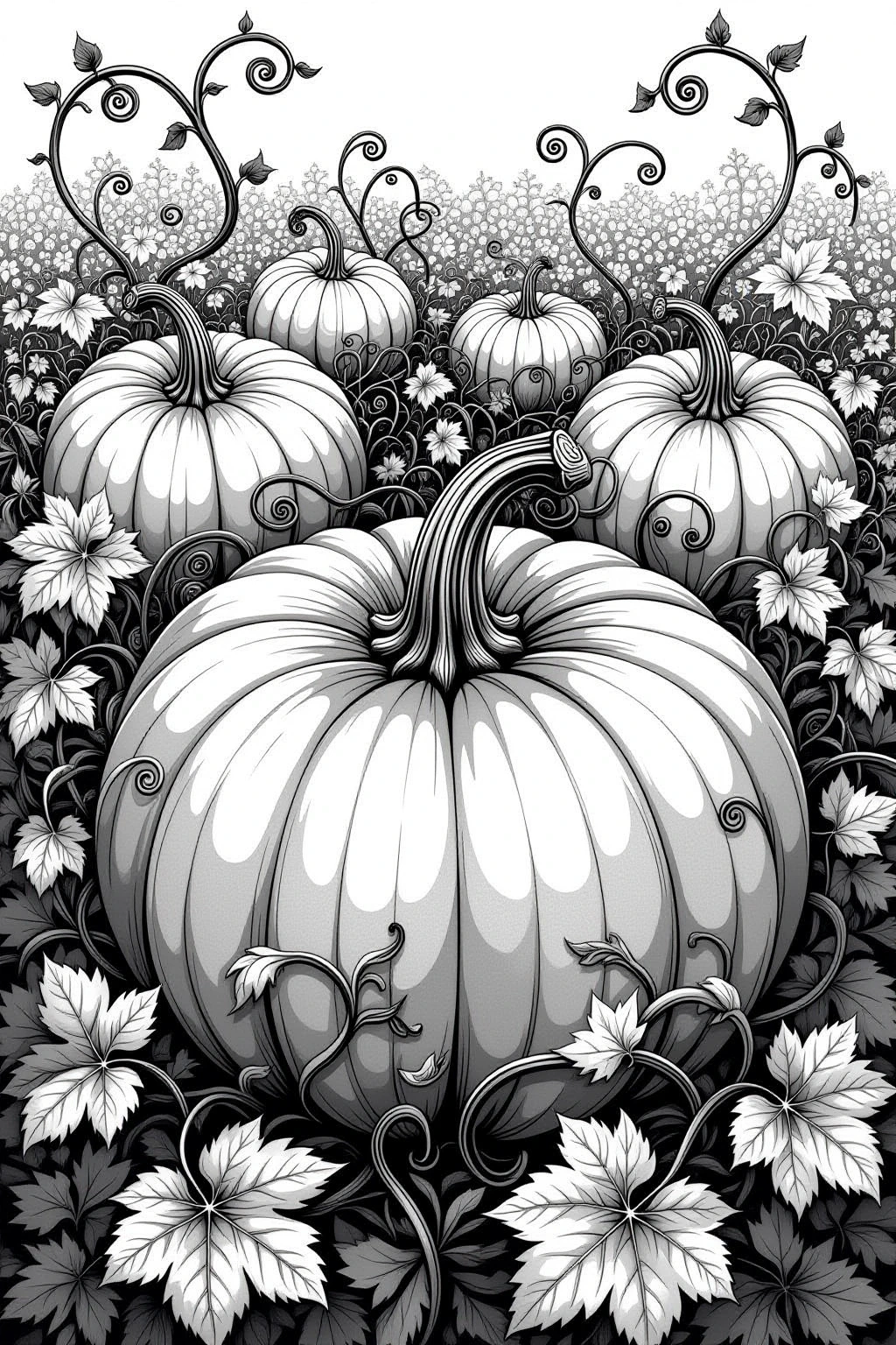 Black-and-white pumpkin patch illustration with curling vines and leaves one of our detailed coloring page for fall and Halloween. Ideal as a printable coloring page for adults and kids' coloring