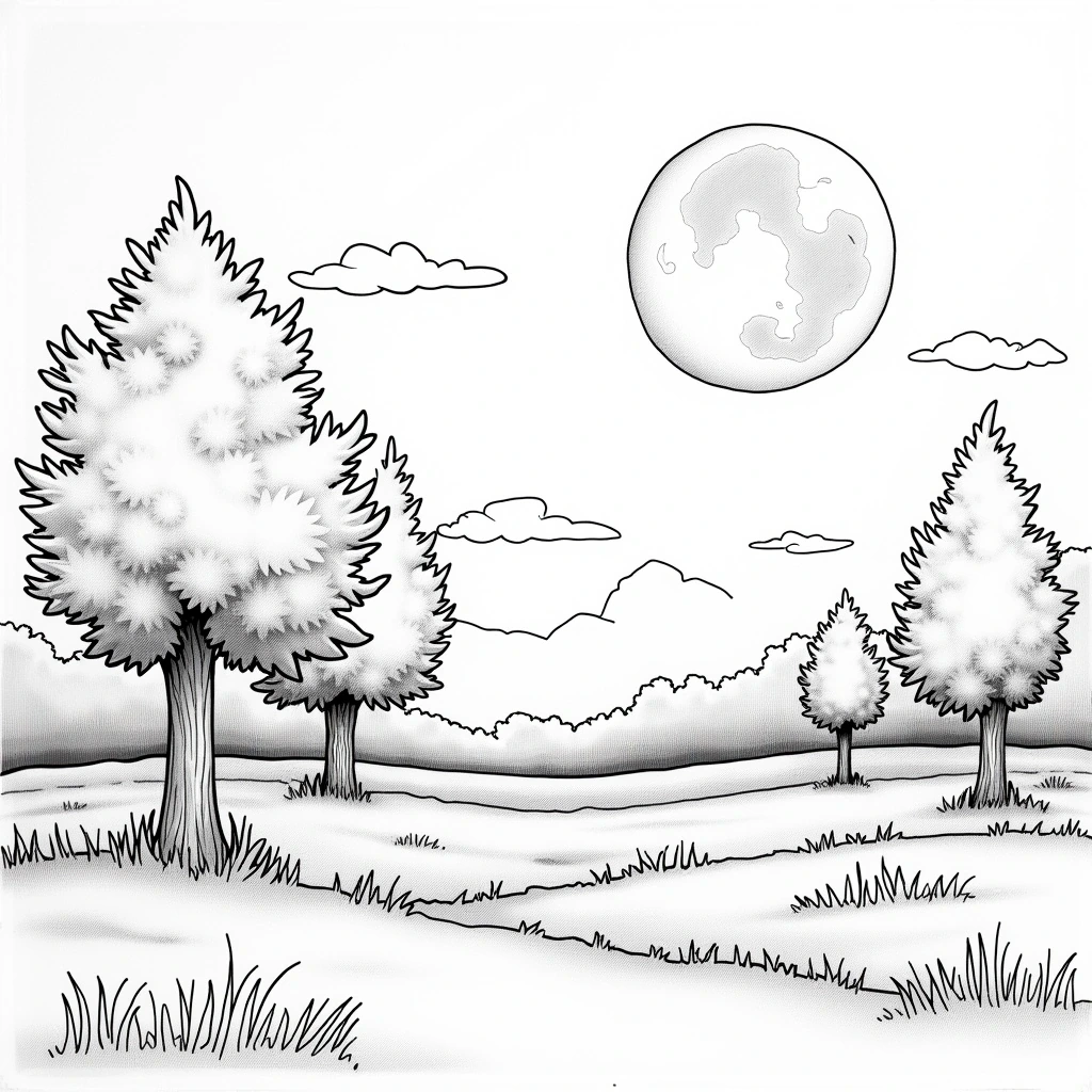 Black and white coloring page of a moonlit winter landscape with snow-covered trees, clouds, and grassy ground.