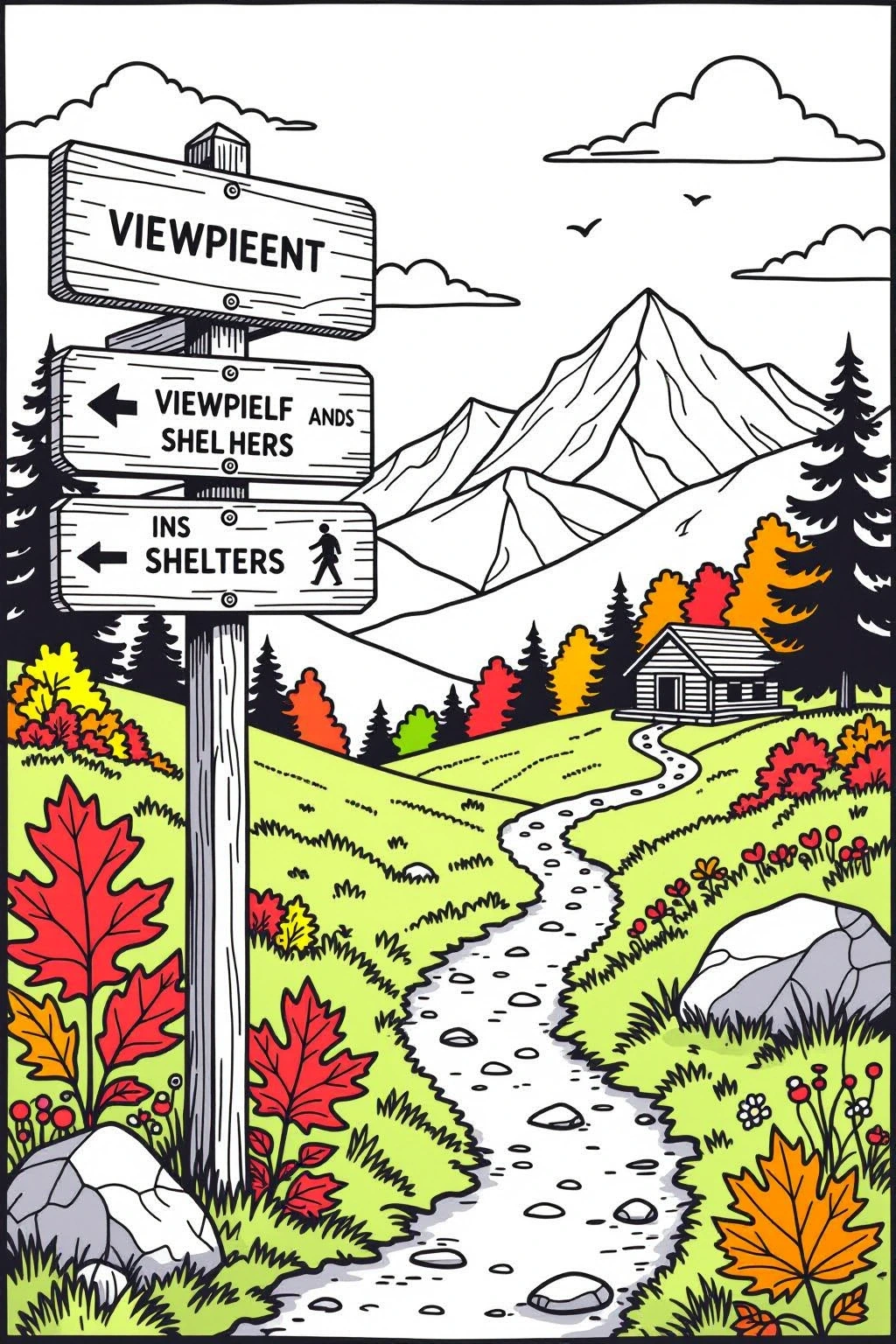 Detailed coloring page of a mountain landscape with a winding hiking trail, cabin, trees, rocks, autumn leaves, and a wooden signpost.