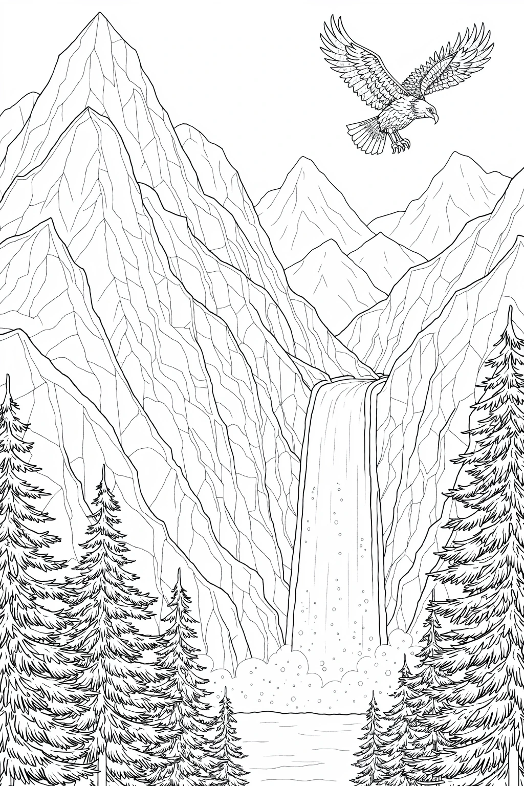 Detailed coloring page of a mountain landscape with a tall waterfall, pine trees, and a flying eagle overhead.
