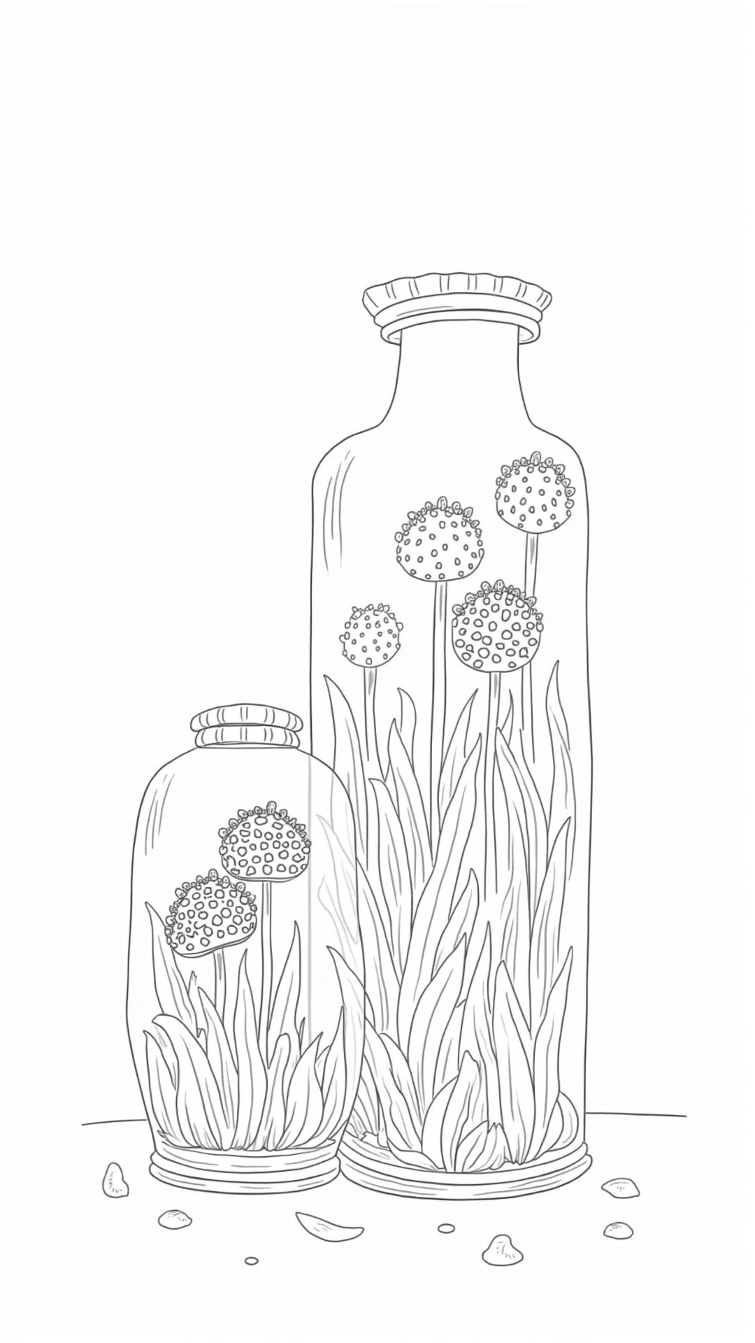 Black and white coloring page of two glass bottles filled with pressed flowers and tall grass, drawn in clean black-and-white line art for coloring