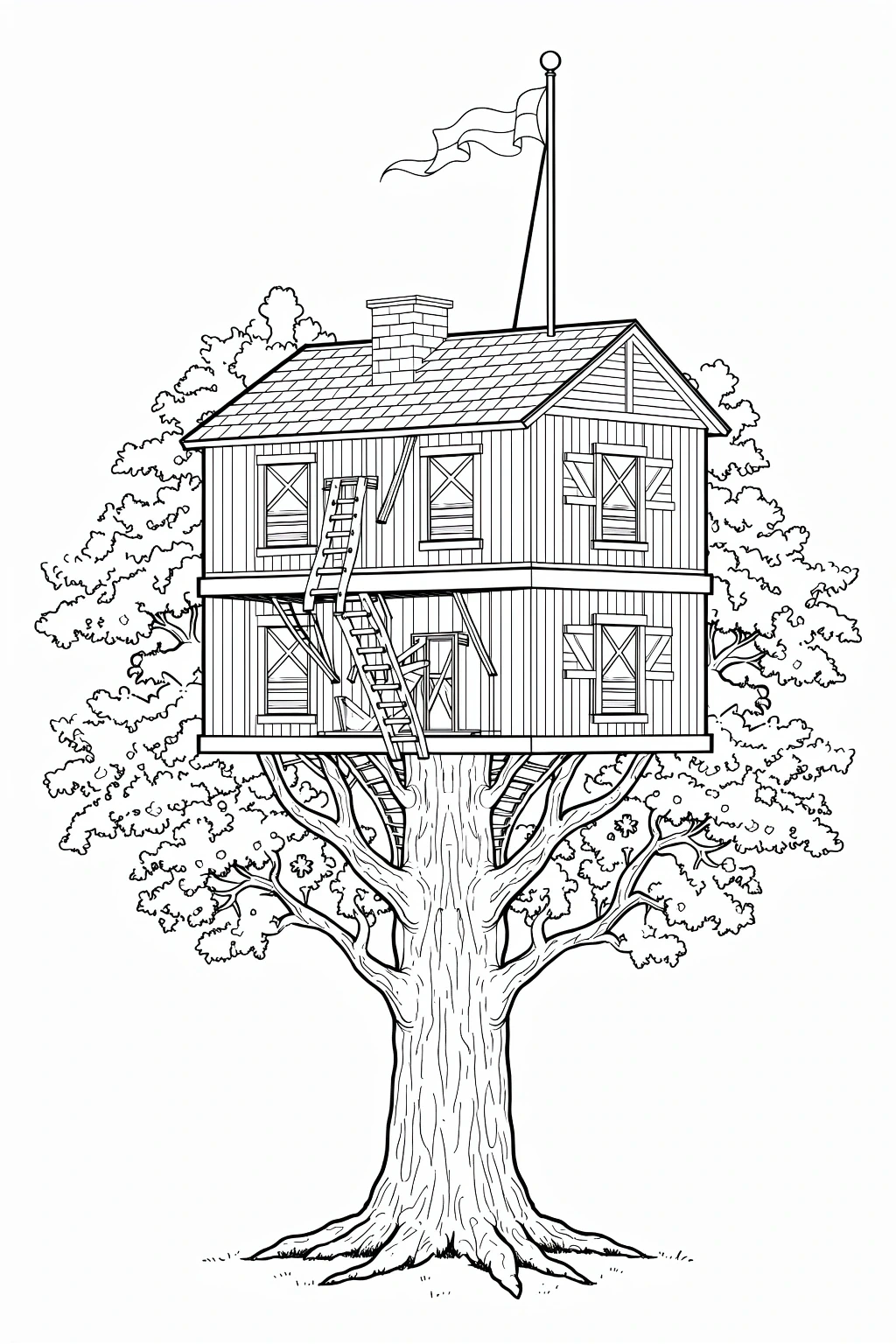 Black and white printable coloring page of a large treehouse built around a tree, with windows, ladders, a flag, and detailed branches and leaves, suitable for kids' coloring page and a printable