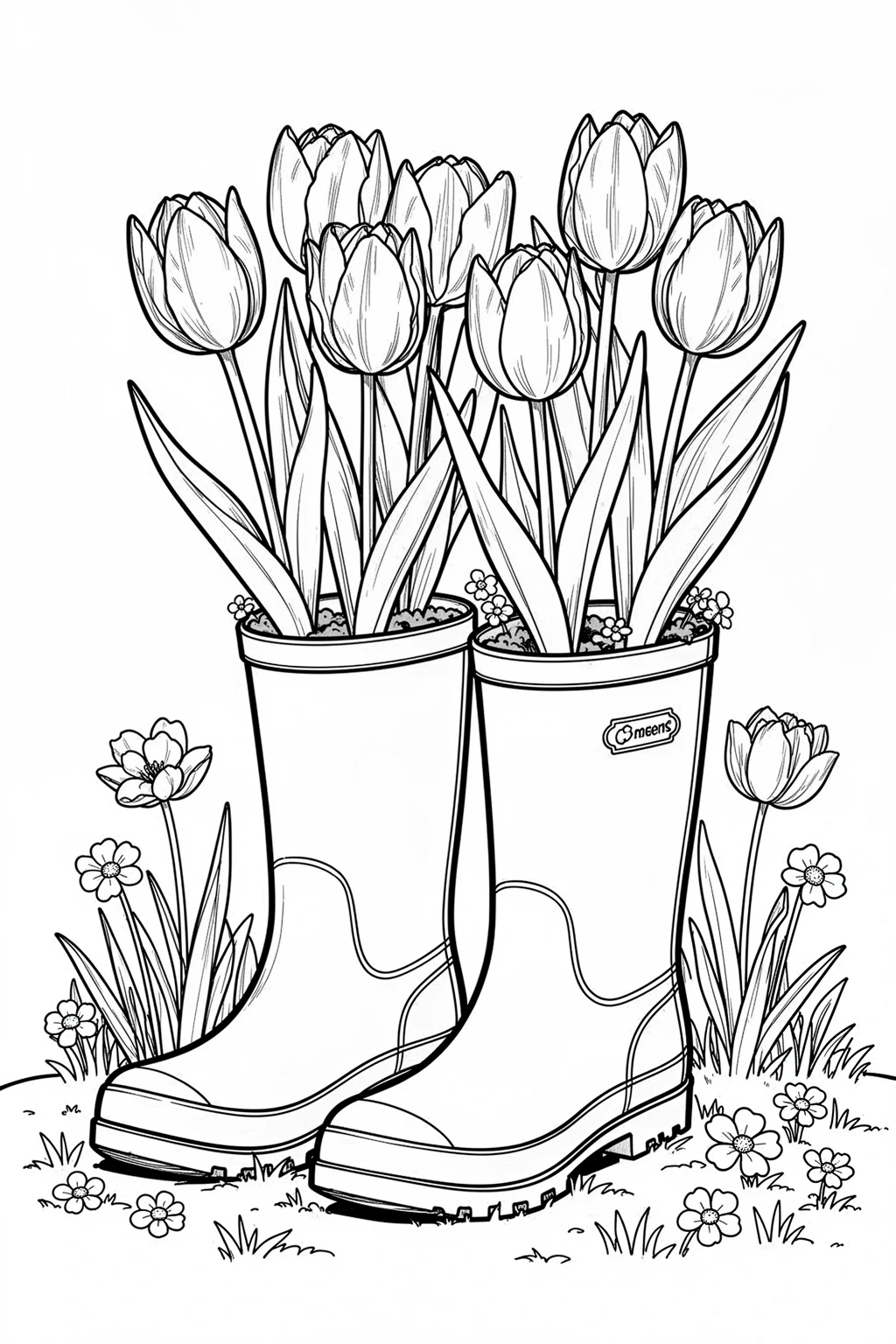 Rain boots tulip planters coloring page.