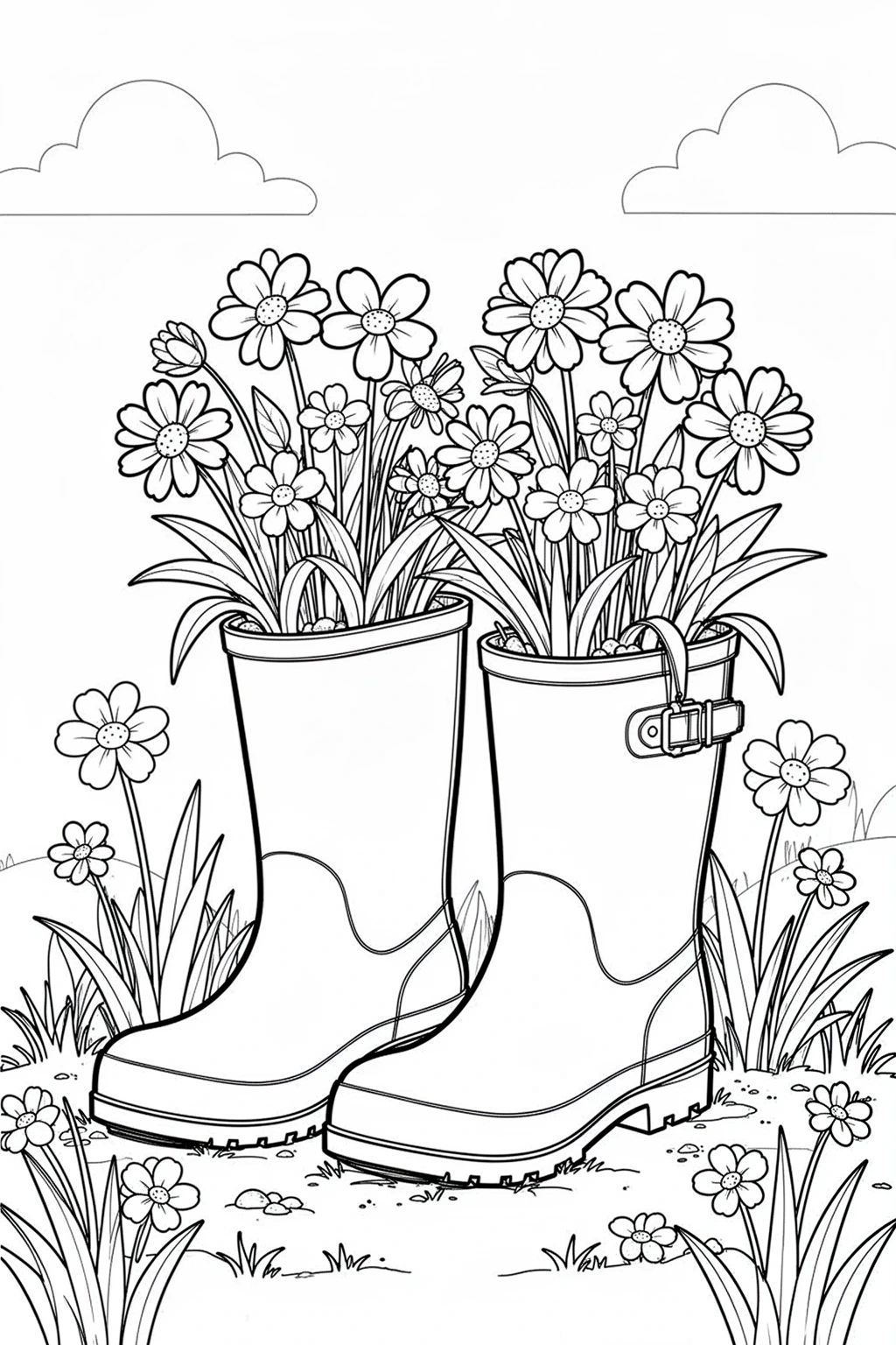 Free printable rain boots wildflower planters coloring page with spring blooms and garden texture.