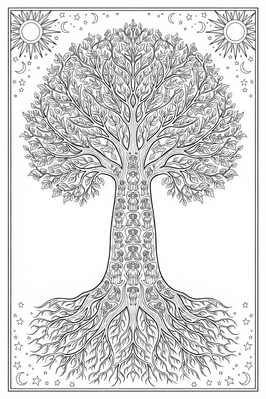 Intricate coloring page of a large sacred tree with a sun and moon, stars, and small decorative figures in the trunk and roots.