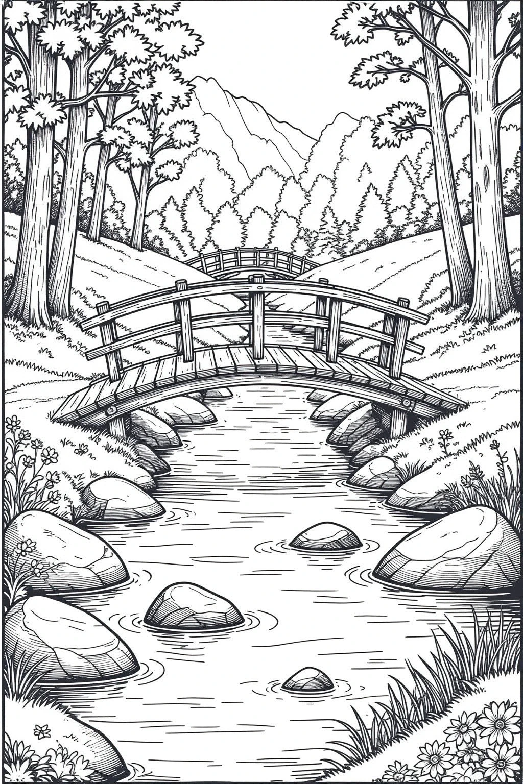 Detailed black and white coloring page of a serene forest landscape with a wooden bridge over a stream, rocks, trees, and mountains in the background.