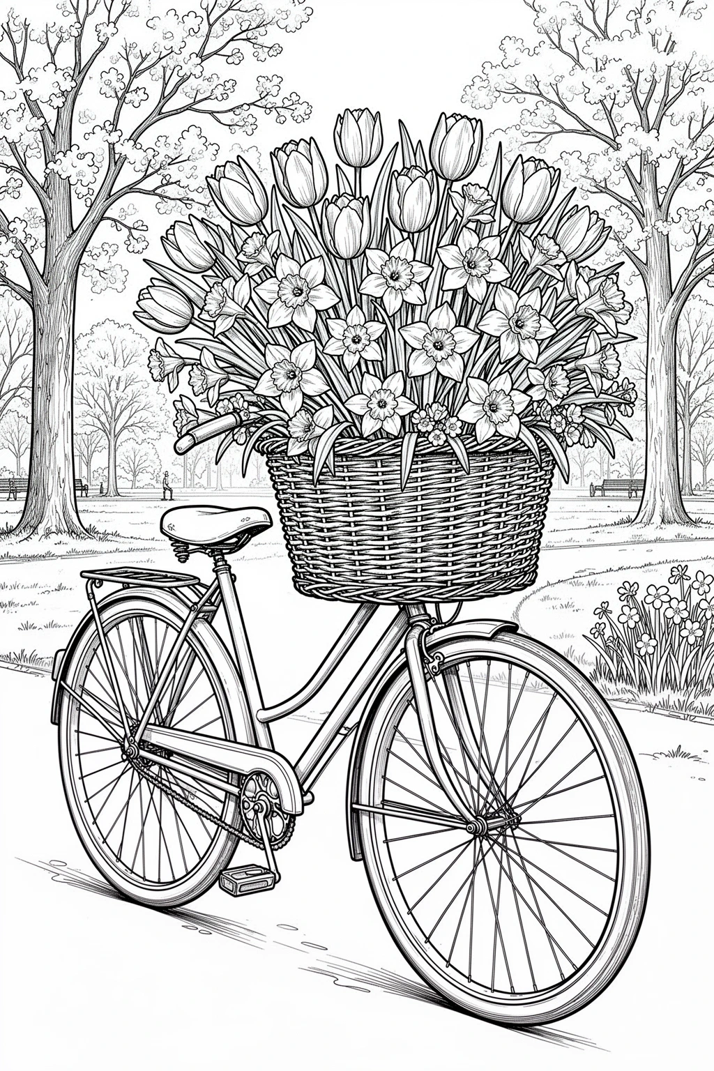 Spring bicycle with a flower basket (printable coloring page).