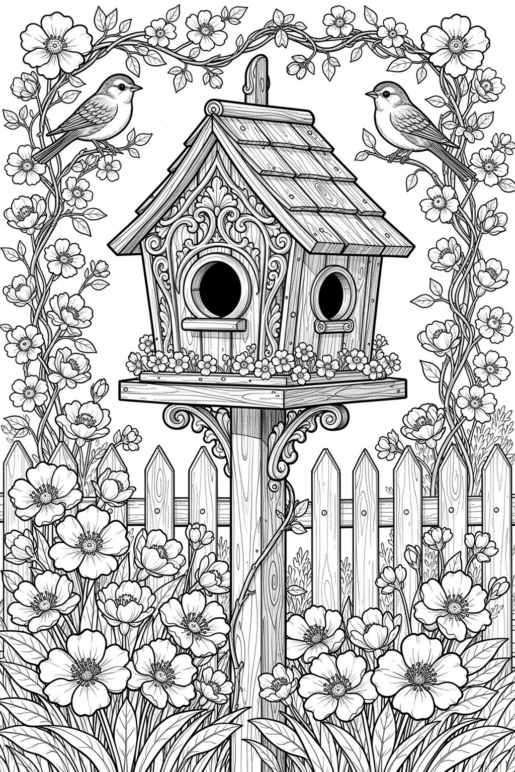 Spring birdhouse garden coloring page with blooming flowers and spring charm.