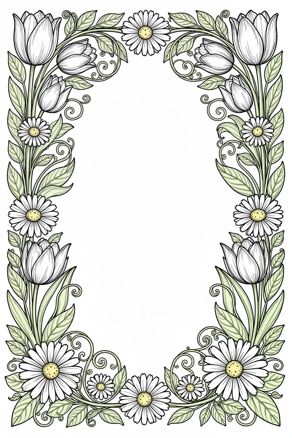 Spring botanical border coloring page with intricate floral details.