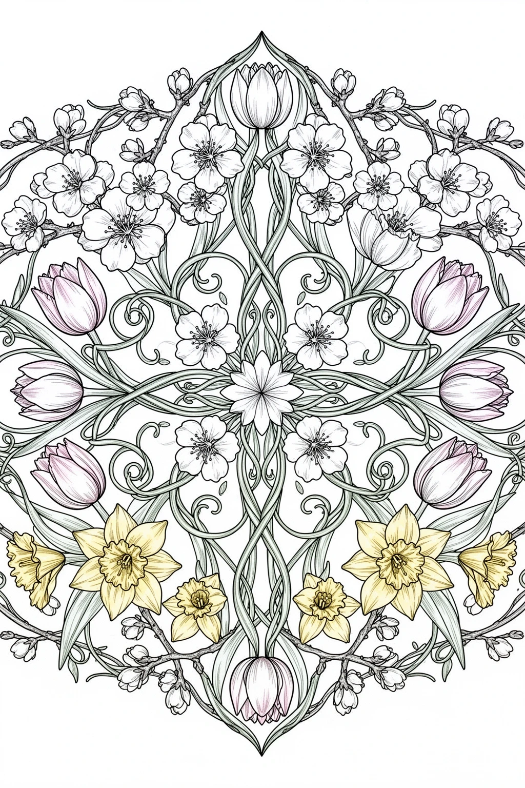 A spring botanical mandala coloring page featuring cherry blossoms, tulips, and daffodils arranged in symmetrical pattern.