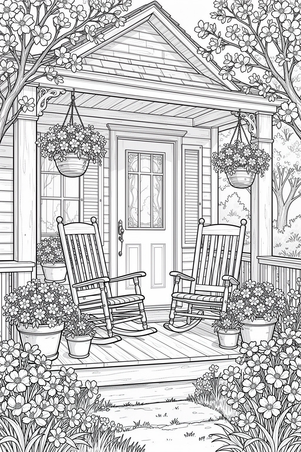 Free Spring Cottage Porch coloring page.